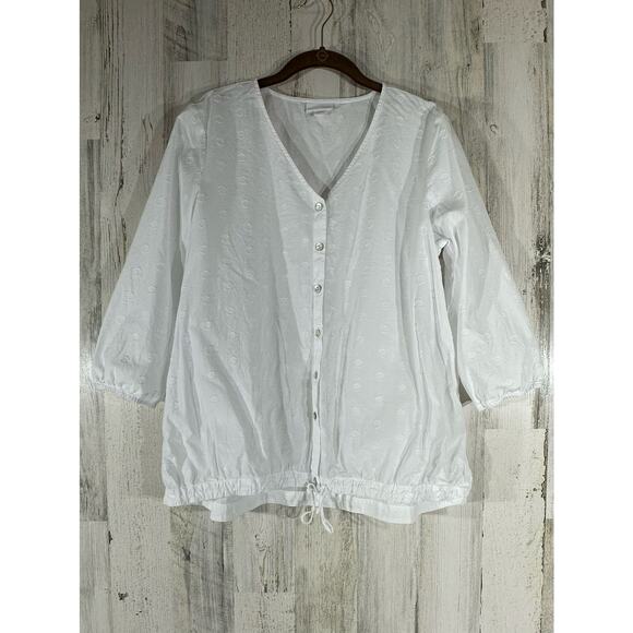 J Jill Medium Top Button Up White Drawstring Hem 3/4 Sleeve 100% Cotton Textured - Picture 1 of 9
